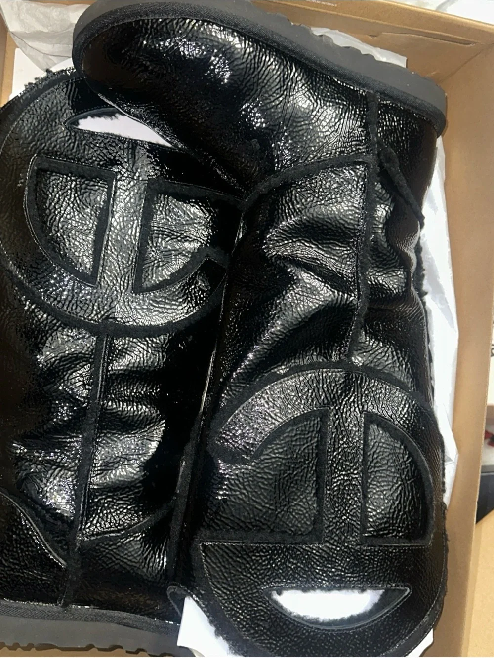 UGG/Telfar Black Patent Leather Boots